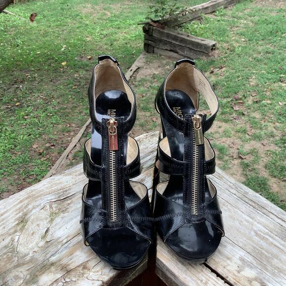 Michael Kors Black Patent Leather Vixen Heels 4" Chunky Zipper Strappy  9M - Picture 1 of 8